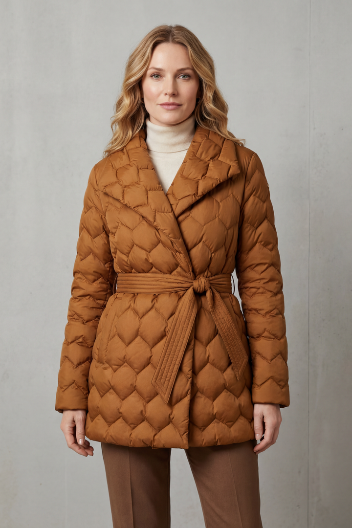 Warm women's quilted puffer jacket with a stylish sculpted fit and belt, perfect for fall & winter.