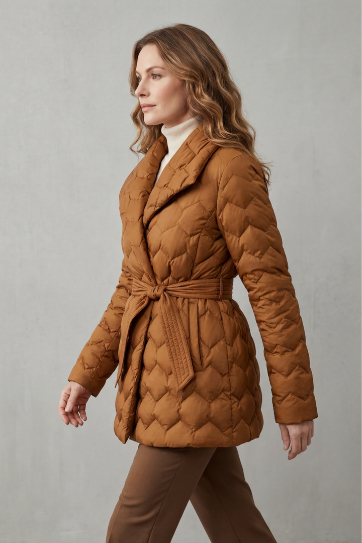 Chic women's belted puffer jacket with sculpted quilting, ideal outerwear for everyday fall and winter style.