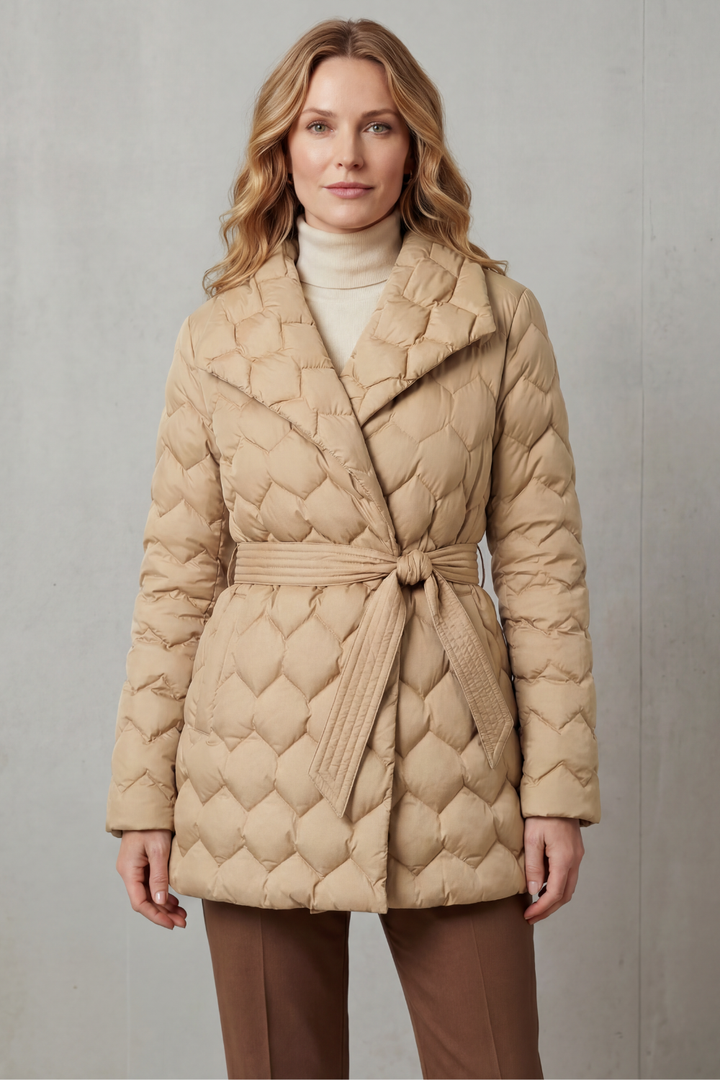 Women's warm, sculpted belted quilted puffer jacket for stylish fall & winter outerwear. Everyday chic.