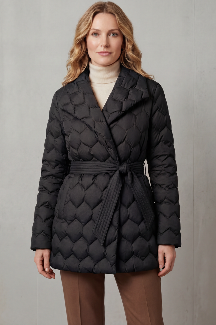 Elegant women's sculpted fit puffer jacket, quilted and belted for chic winter fashion & warmth.