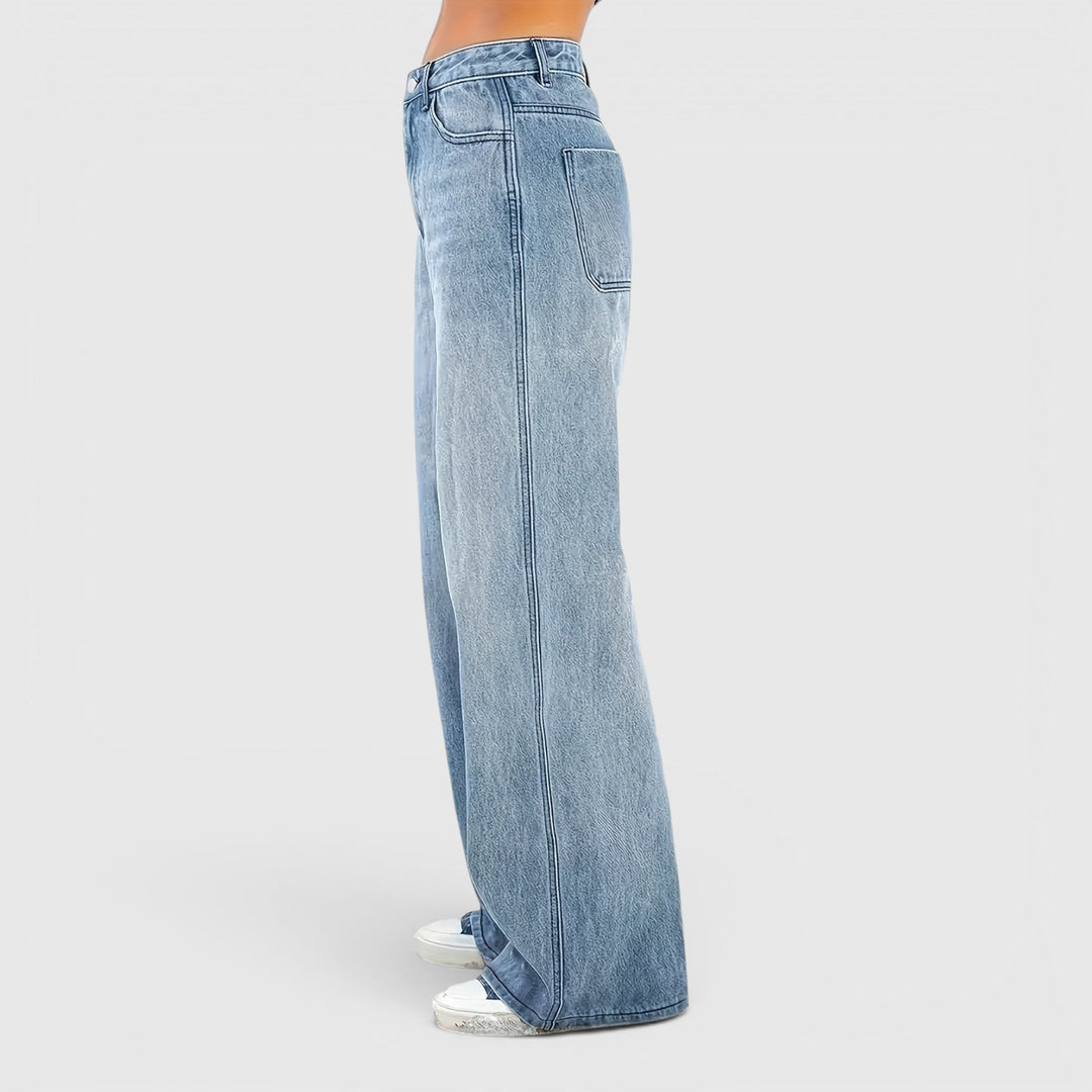 Relaxed fit women's wide leg jeans in a sea blue wash, perfect for casual streetwear and everyday comfort.