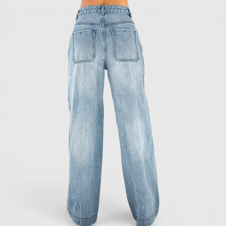 Comfortable women's baggy wide leg jeans in sea blue, versatile for everyday fashion and casual bottoms.