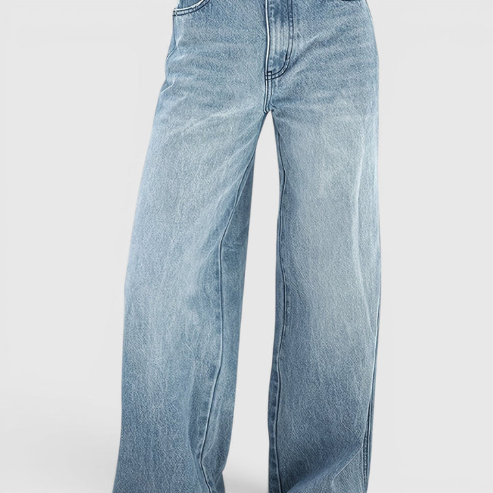 Sea blue women's wide leg baggy jeans, featuring a loose fit for contemporary streetwear and casual style.