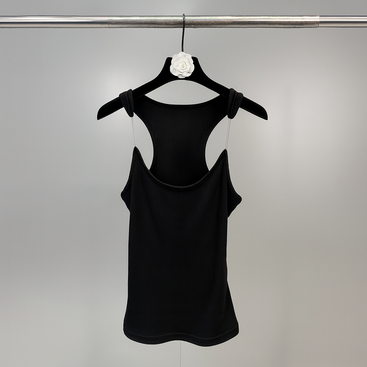 Slim fit women's ribbed tank top with innovative invisible straps, offering seamless comfort for a sleek silhouette.