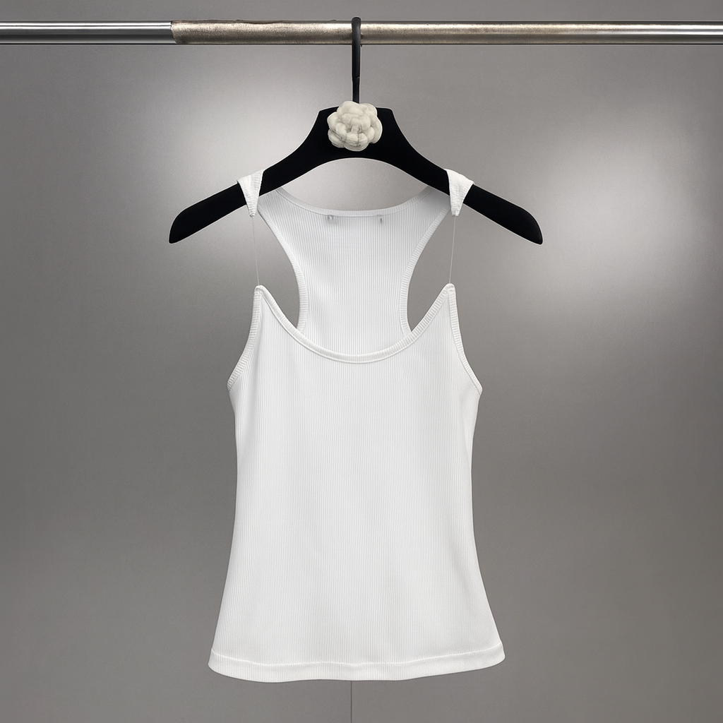 Comfortable women's sleeveless ribbed tank top with invisible straps. Ideal for casual wear or effortless layering.