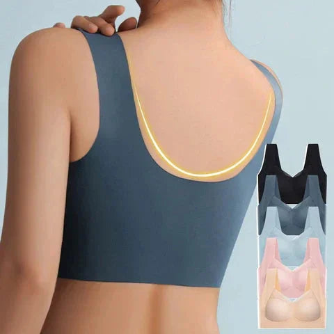 Black women's seamless V-neck bra with wide pullover straps, full support wireless design for everyday.