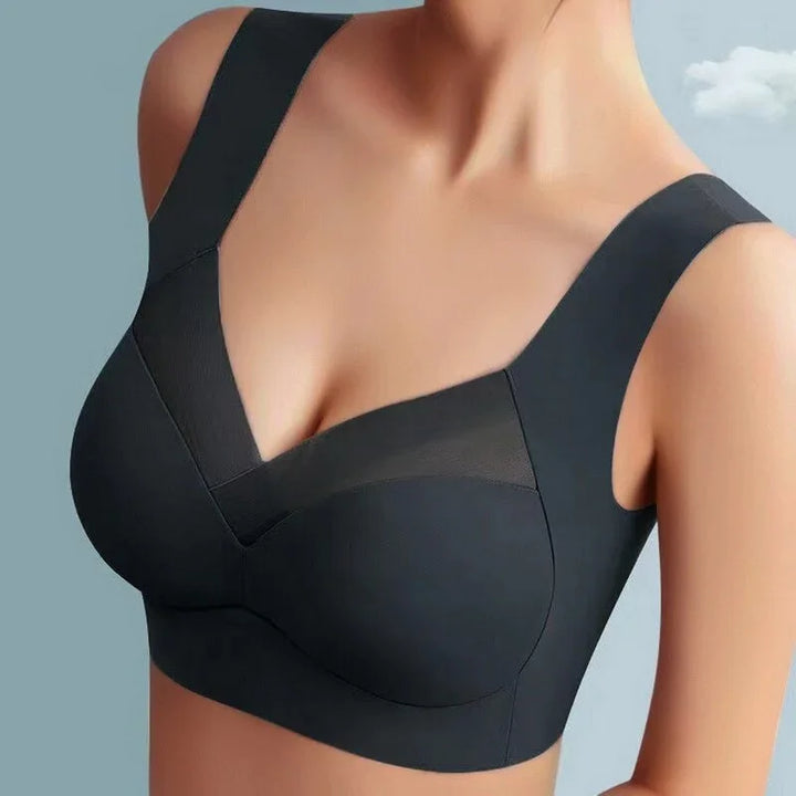 Close-up of a women's seamless V-neck bra fabric, highlighting its comfortable, wireless design.