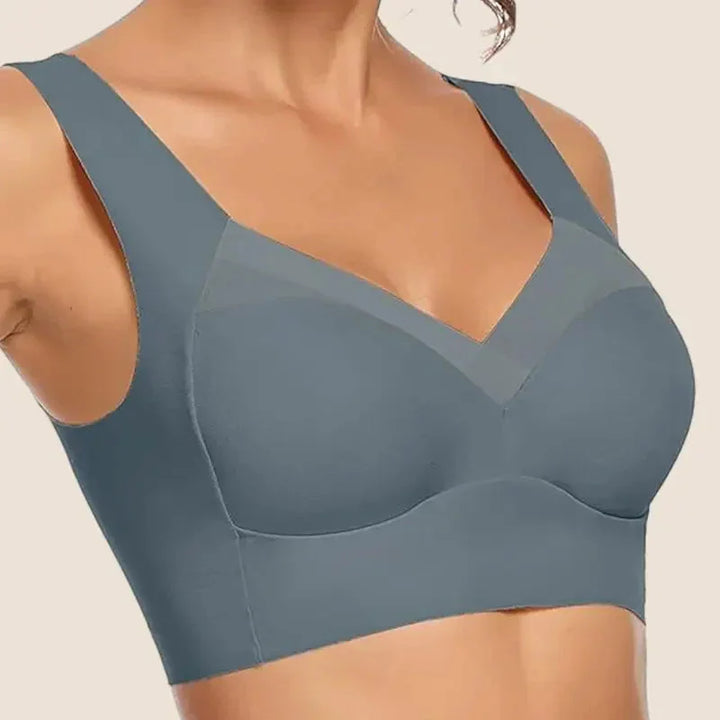 Seamless V-neck pullover bra for women with wide supportive straps, perfect as an everyday wireless bra.