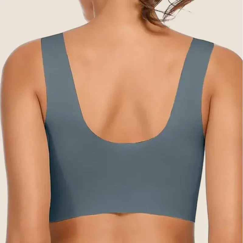 Side view of a plus size seamless V-neck bra, wide straps, wireless comfort for everyday wear.