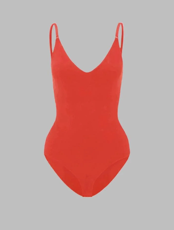 Full body seamless V-neck shapewear bodysuit for women, designed for slimming & shaping comfort.