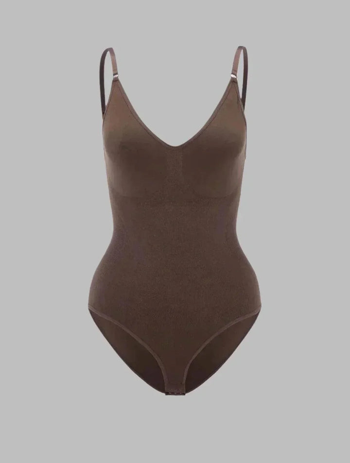 Slimming seamless V-neck shapewear bodysuit for women, enhances curves with optimal comfort.