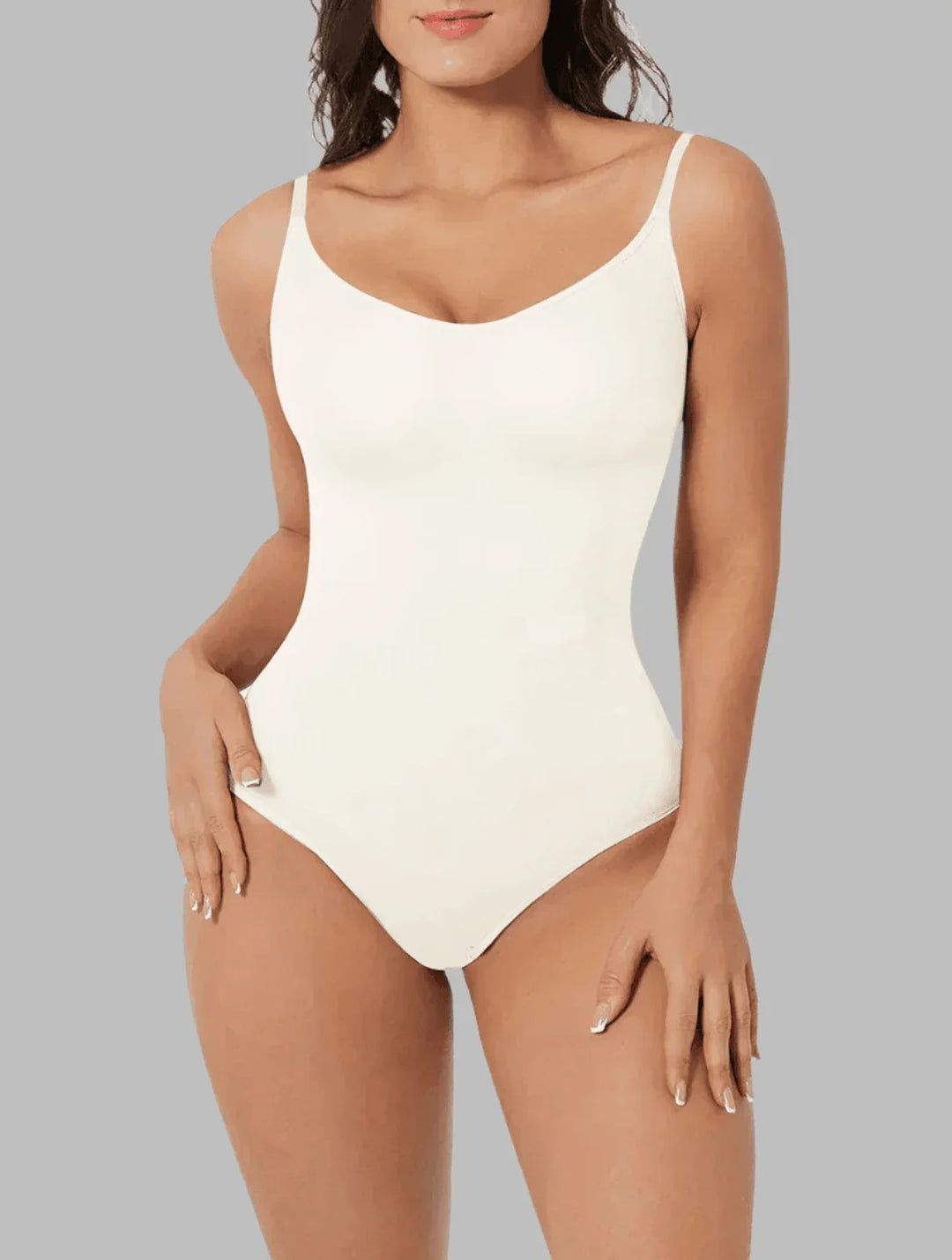 Black seamless V-neck shapewear bodysuit for women, sculpting & slimming undergarment.