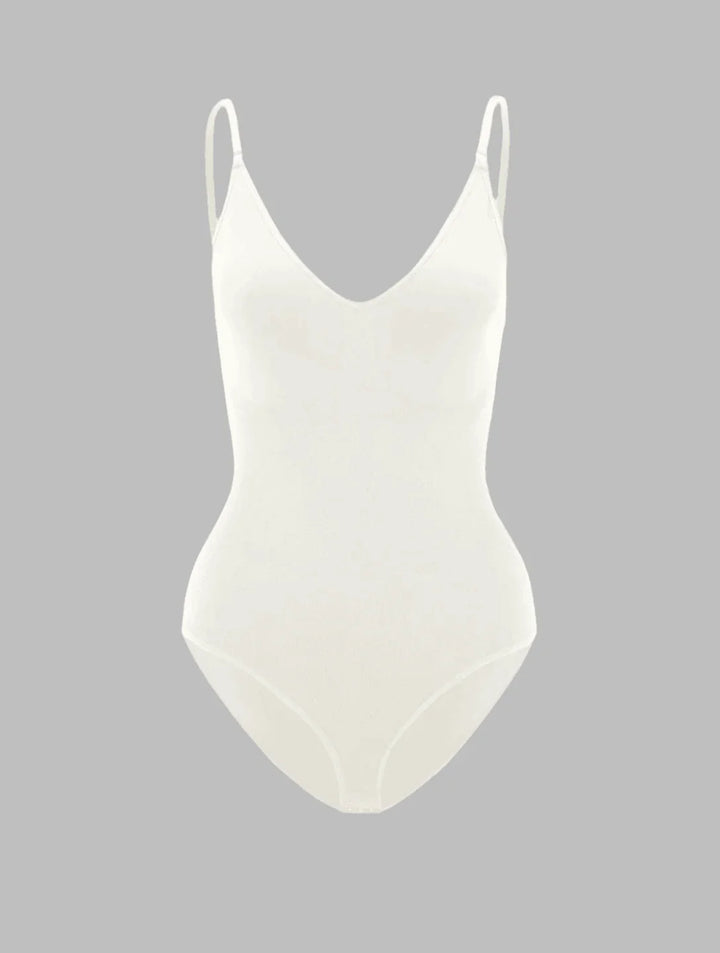Nude seamless V-neck shapewear bodysuit for women, offering invisible slimming & shaping comfort.