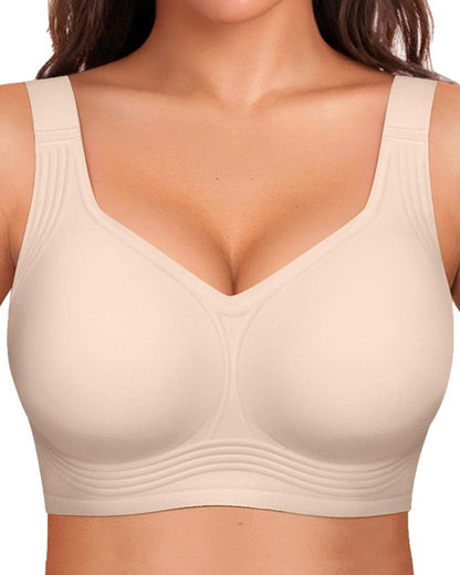 Nude seamless wireless bra for women, full coverage support, everyday comfort.