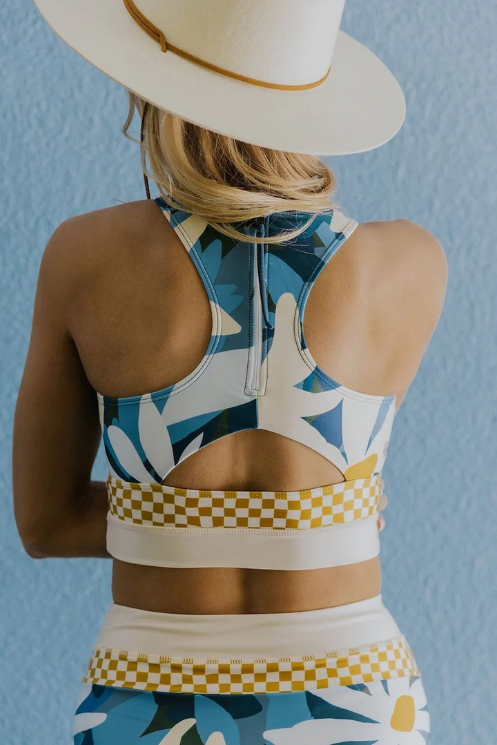 Women's secure two-piece swimsuit, printed sport crop top & stylish high-rise bottoms.