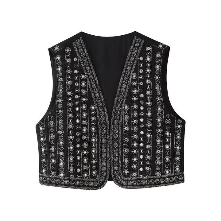 Women's sequin & embroidered boho vest, perfect for festivals. Sleeveless bohemian style layering piece.
