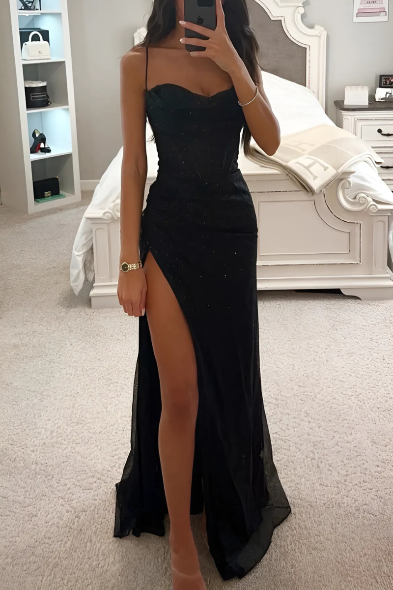 Women's sequin evening gown: spaghetti straps, high split. Ideal formal dress for prom, gala, or special occasions.