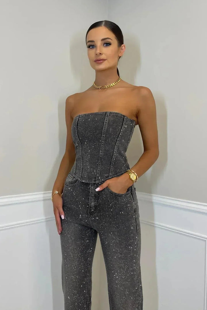 Women's sequin set, showcasing the intricate sequin embellishments on the strapless corset and wide leg pants.