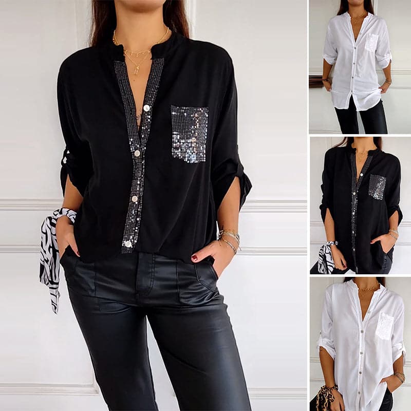 Women's sequin trim button-up shirt, elegant and sparkling, perfect for casual chic or evening wear.
