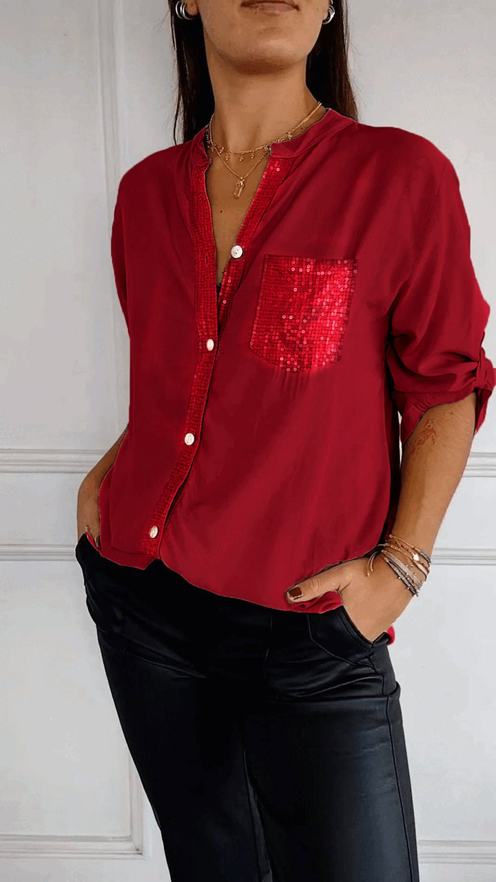 Women's button-up shirt with elegant sequin trim on collar and cuffs, a sophisticated sparkle top.