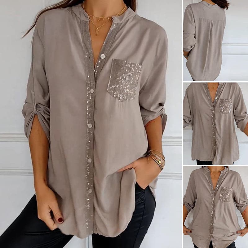 Sparkling women's button-up shirt with sequin details, ideal for evening wear or a chic fashion statement.
