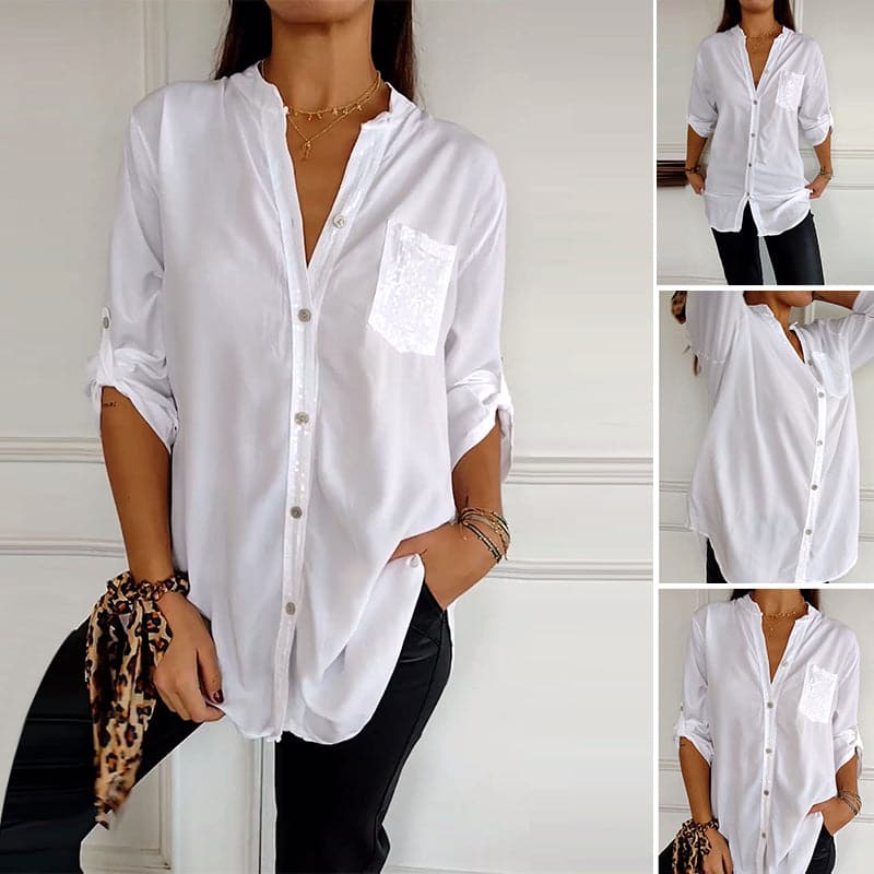 Elegant women's sequin trim button-up blouse, combining comfort with shimmering sophistication.