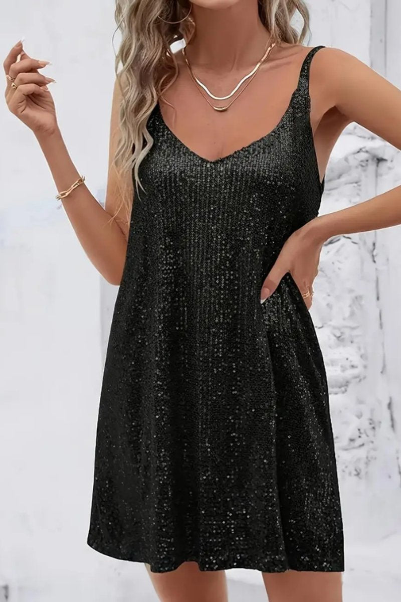 Shiny women's sequin V-neck mini dress, sleeveless, providing a dazzling look for any party.