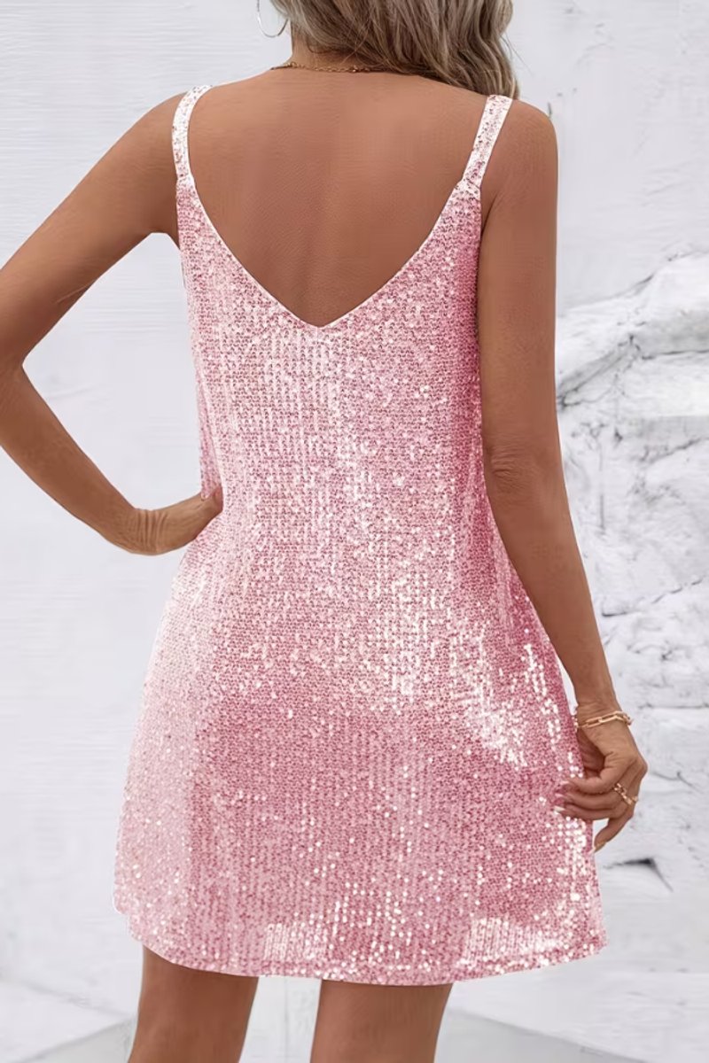 Glamorous V-neck sequin mini cocktail dress for women, sleeveless, perfect for evening parties.