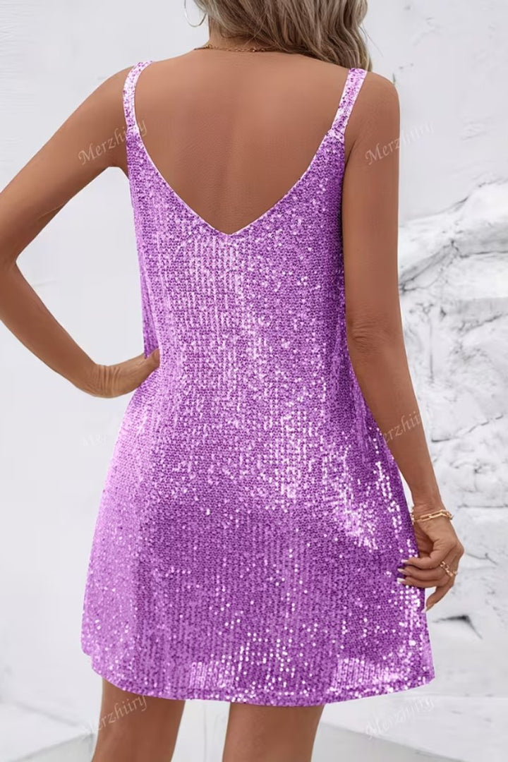 Sleek women's V-neck sequin mini party dress, bodycon fit, perfect for dancing the night away.