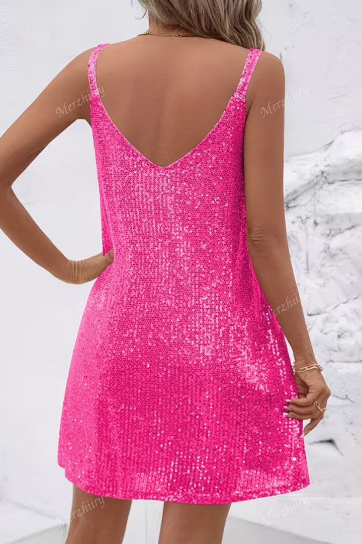 V-neck sequin mini dress for women, sleeveless, a glamorous cocktail or party dress for festive wear.