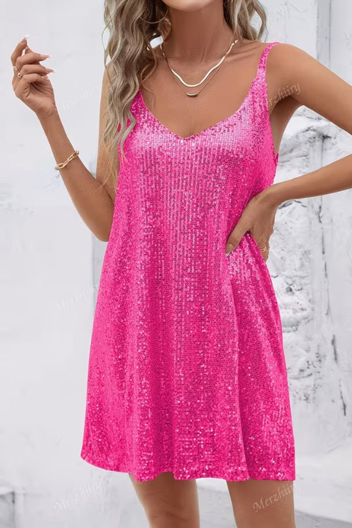 Women's elegant V-neck sequin mini party dress, sleeveless, ideal for evening and special events.