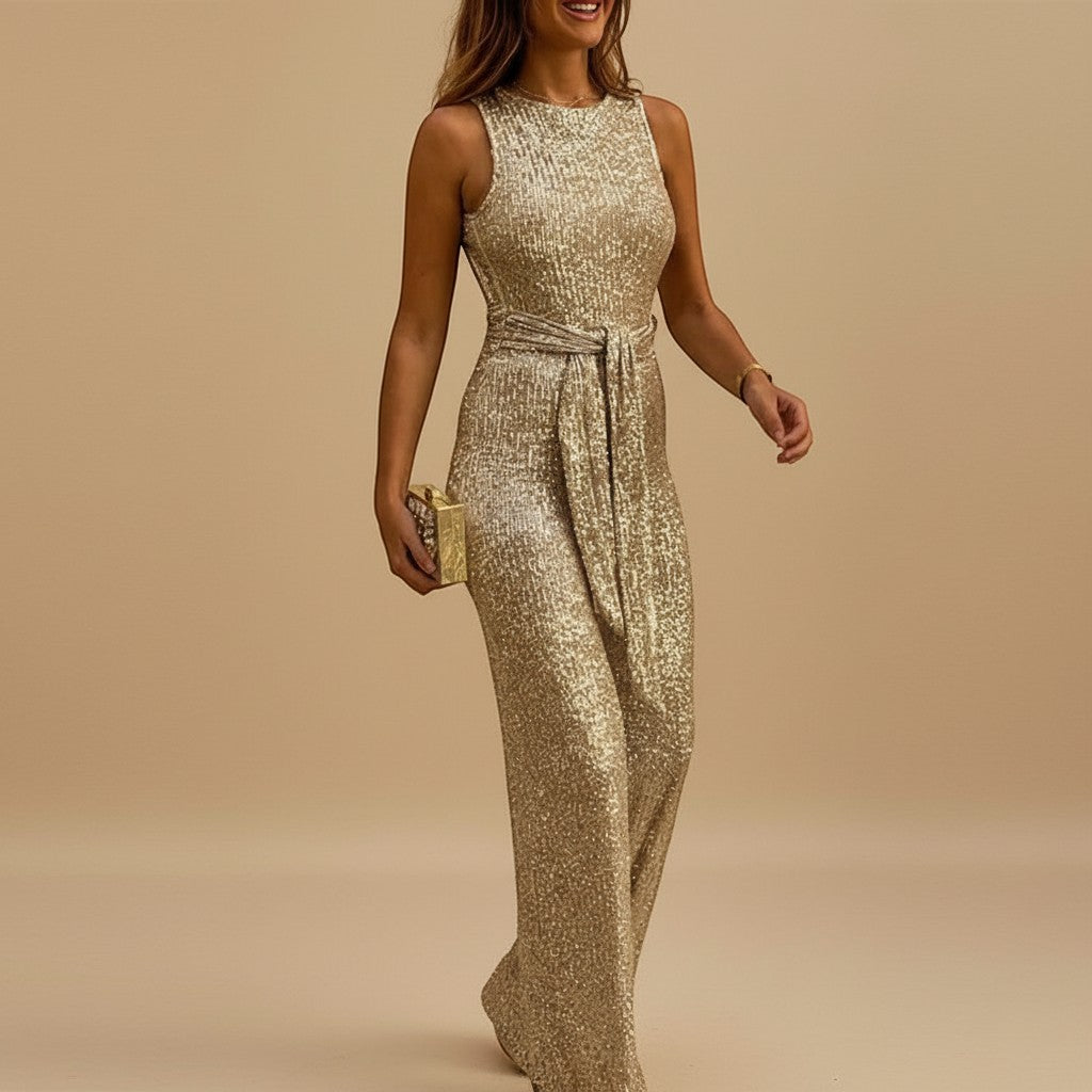 Women's sequin wide leg jumpsuit with waist tie, perfect for elegant evening wear & party outfits.
