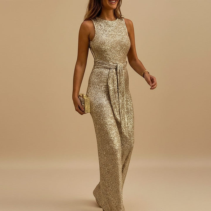 Women's sequin wide leg jumpsuit with waist tie, perfect for elegant evening wear & party outfits.