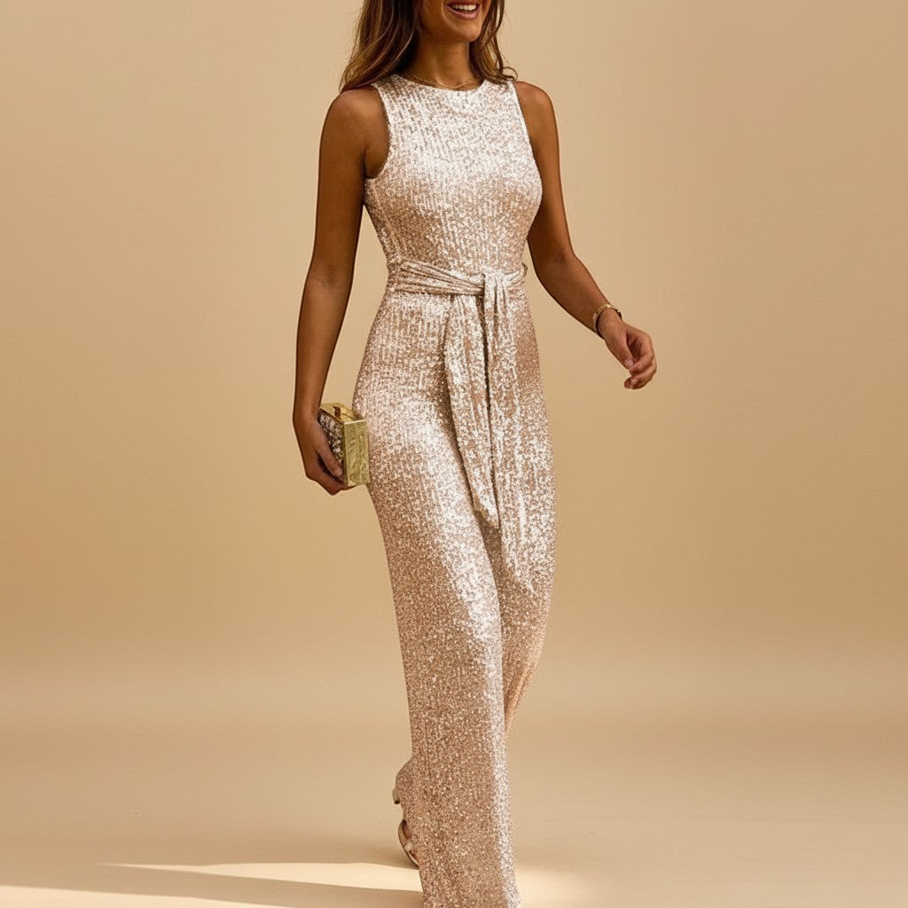 Glamorous women's sequin wide leg jumpsuit with a chic waist tie, ideal for formal & special occasions.