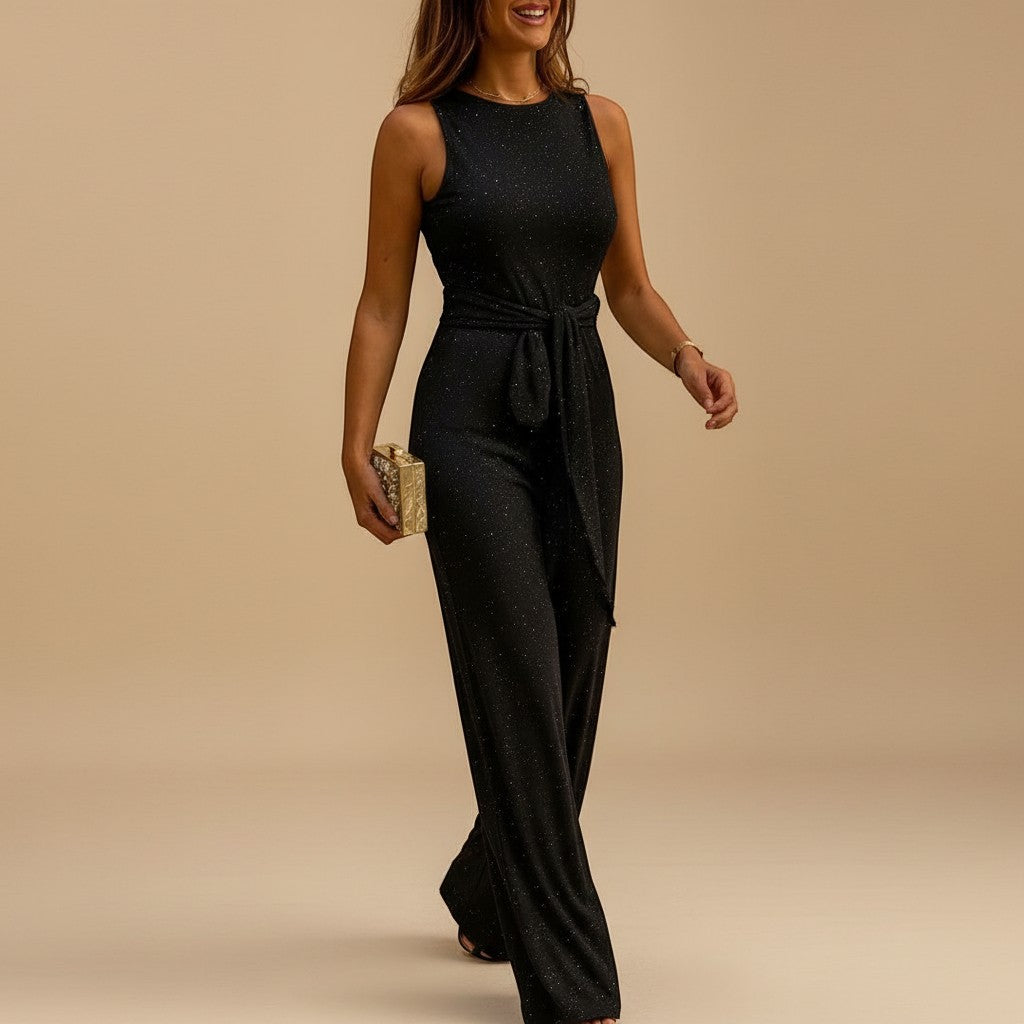 Formal women's sequin wide leg jumpsuit, sleeveless with a beautiful waist tie, for special occasion glam.