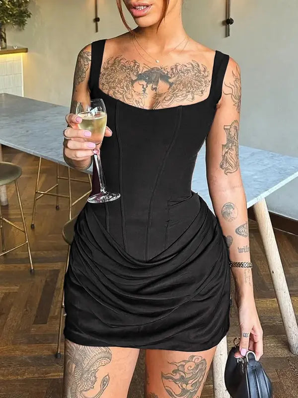 Elegant women's fishbone ruched mini cocktail dress. Bodycon fit, ideal for evening events & parties.