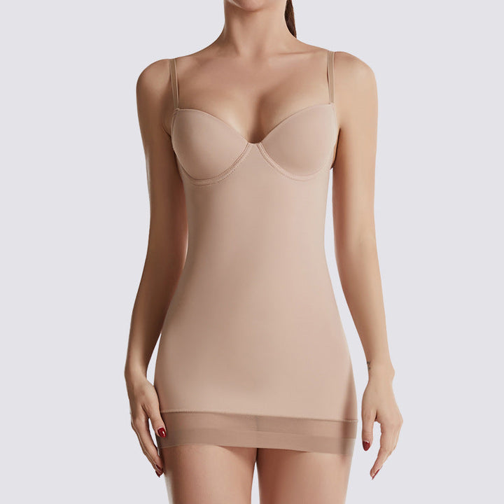 Black women's shaping slip dress offering firm bodycon control & built-in bust support. Perfect seamless undergarment.