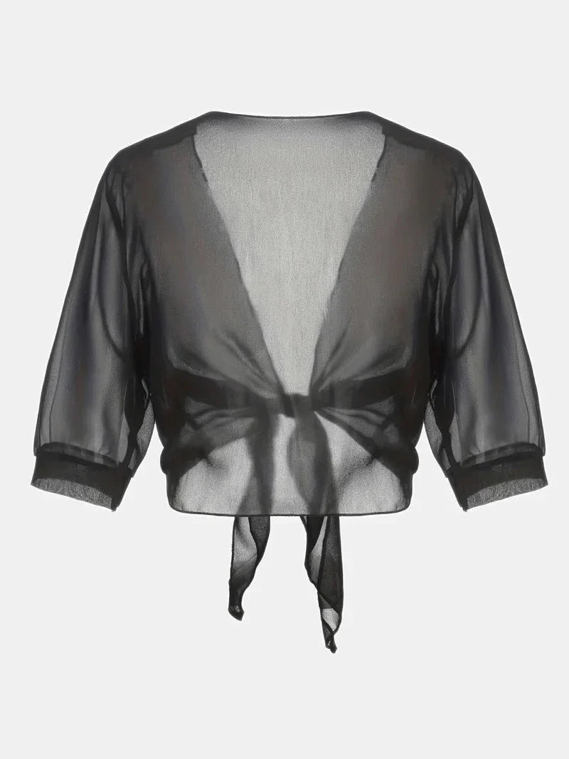 Trendy women's sheer 3/4 sleeve top with a tie-front closure and an open-front style.