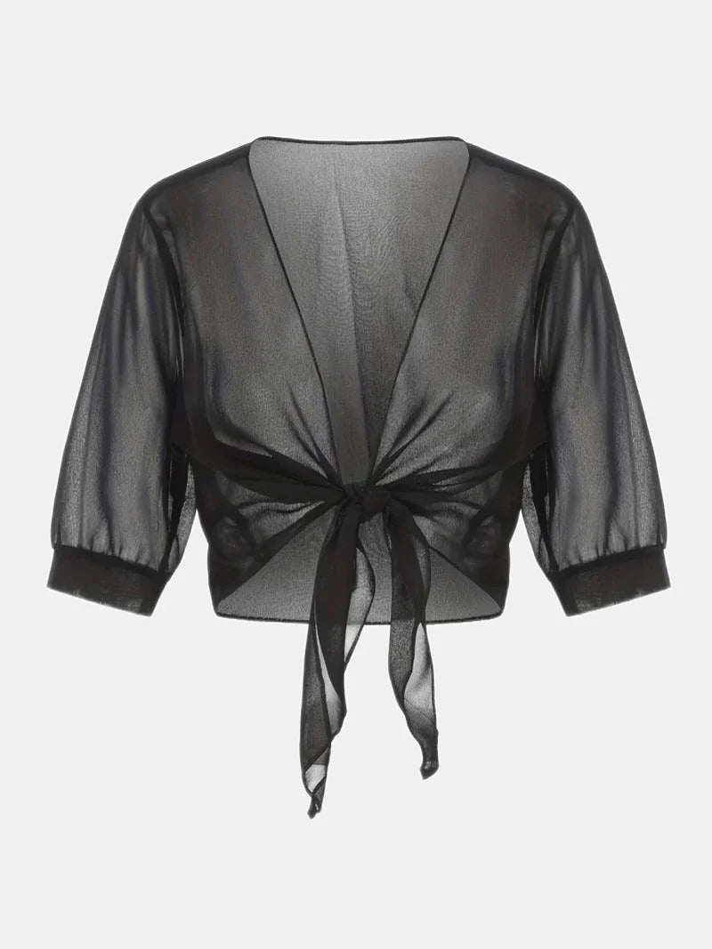 Airy women's sheer blouse with 3/4 sleeves and a tie-front, perfect for warm weather layering.