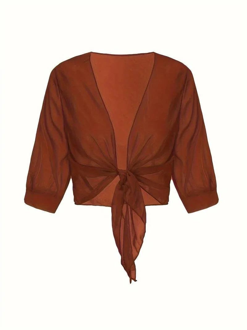 Breathable women's sheer open-front blouse with 3/4 sleeves and a fashionable tie-front.