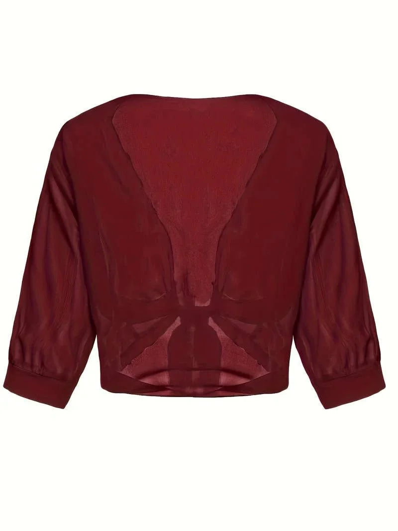 Stylish women's sheer 3/4 sleeve blouse with open-front and adjustable tie-front detail.