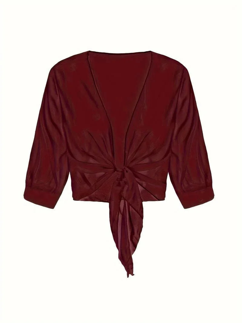 Flattering women's sheer tie-front blouse, 3/4 sleeves, and open-front, a versatile top.