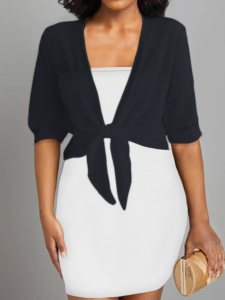 Elegant women's sheer bolero top with tie front, a stylish cropped overlay for occasion wear or summer.