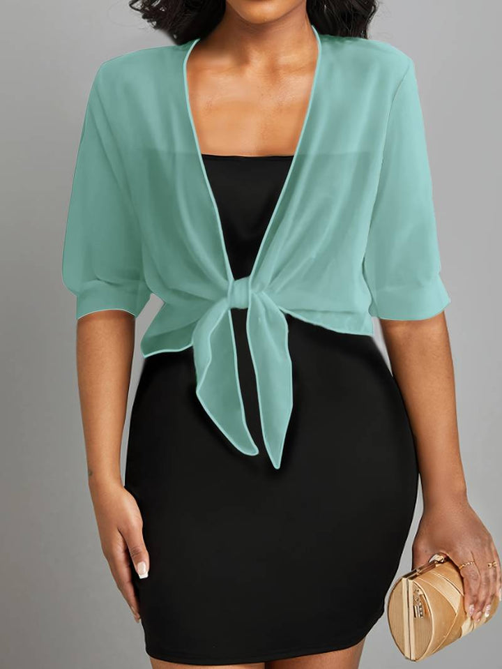 Women's elegant sheer tie front cropped bolero top for sophisticated layering; perfect summer fashion.