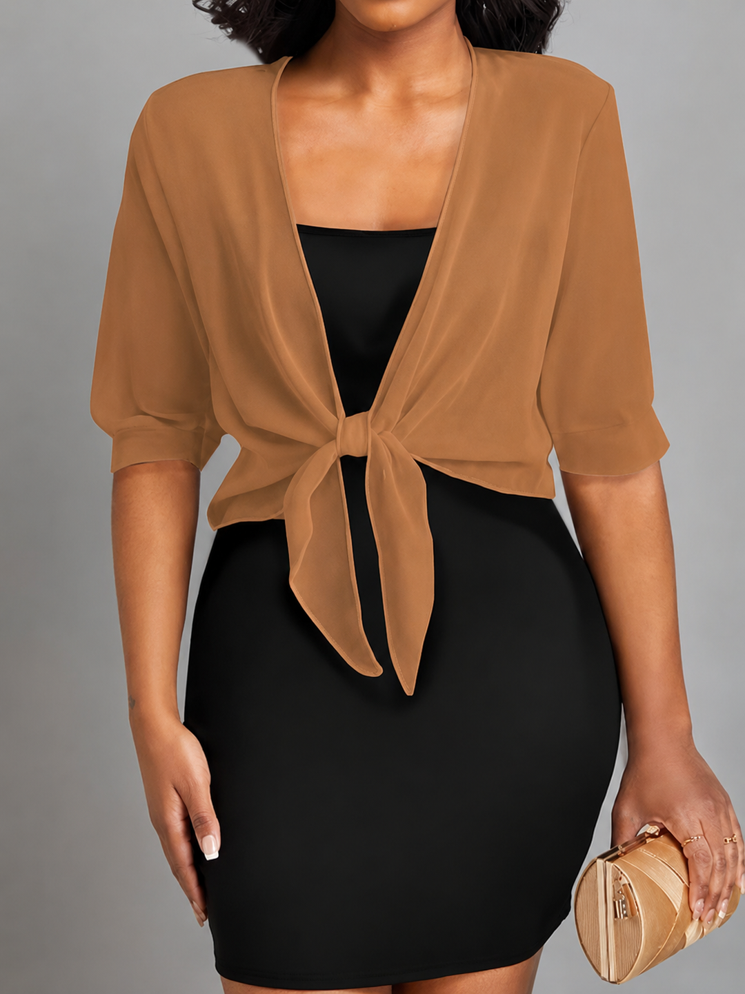 Trendy women's sheer tie front cropped bolero top, a must-have layering piece for modern fashionistas.