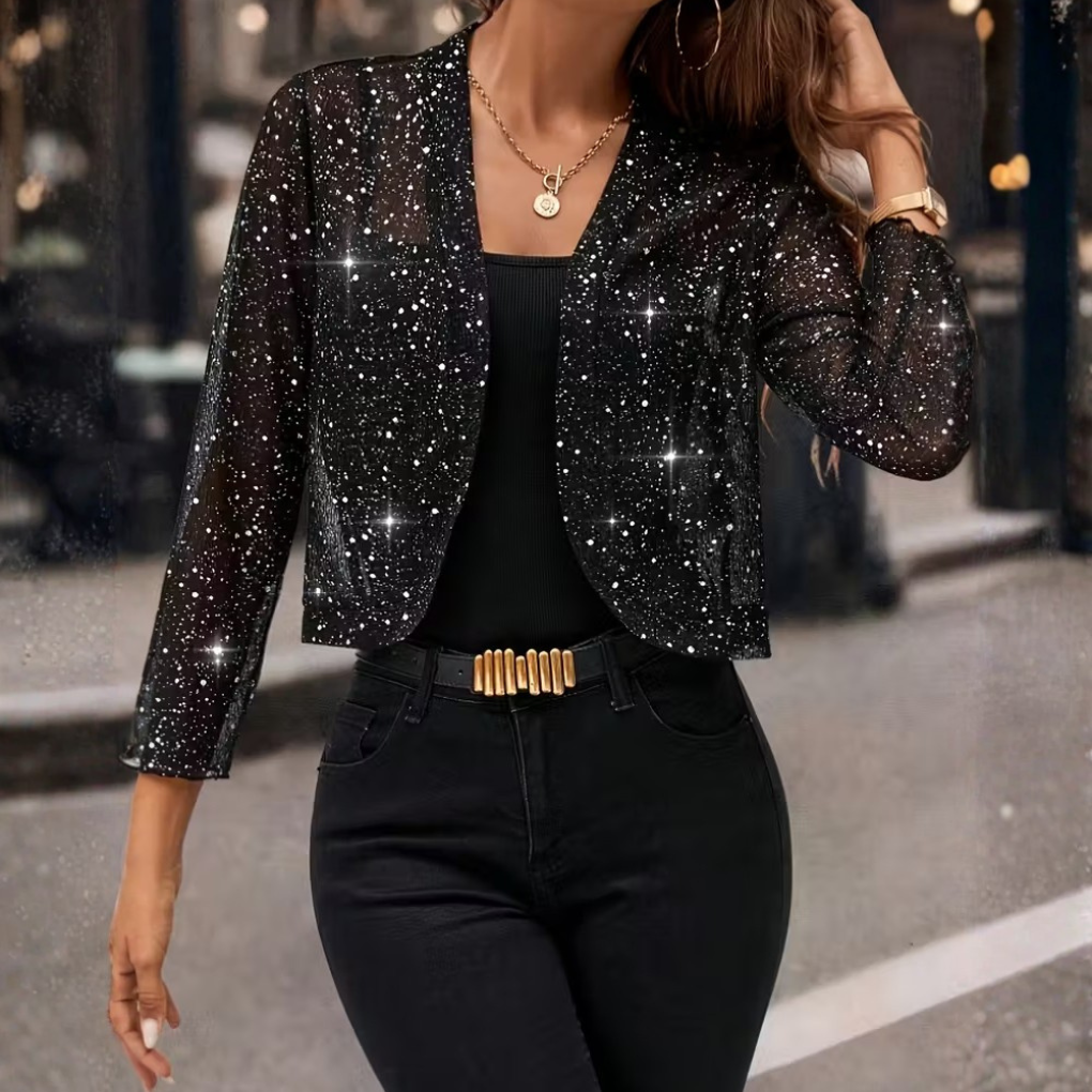 Sparkly women's glitter sequin jacket; a dazzling long sleeve open front cardigan for parties & evening wear.