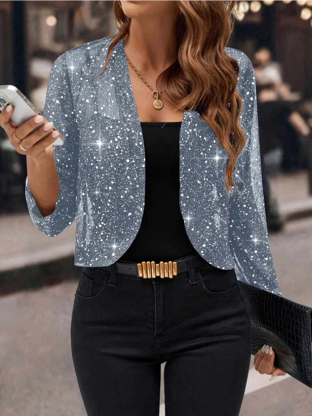 Glamorous women's sequin jacket, a shimmering cardigan perfect for parties & evening wear.