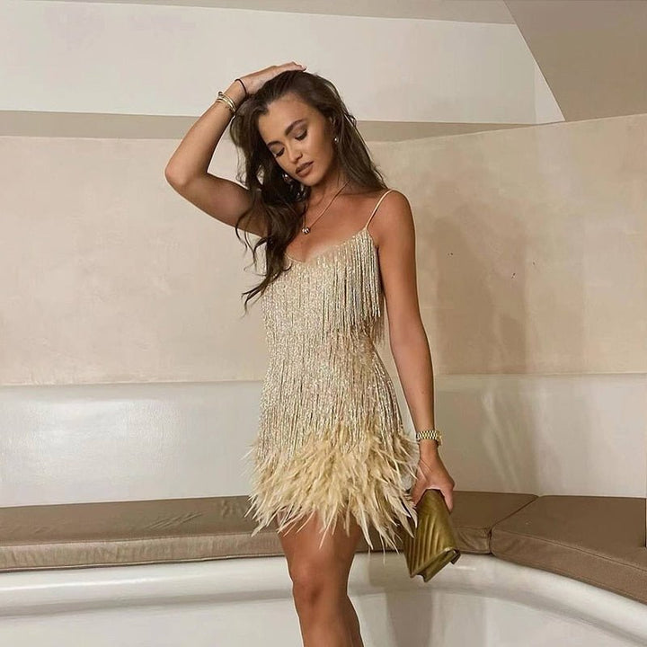 Elegant women's sequin evening dress, a fitted and glamorous mini design for special occasions.