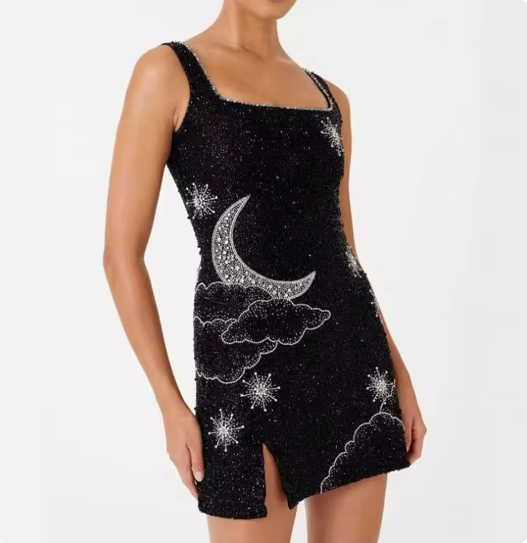 Black shimmering sequin mini split party dress for women, elegant cocktail or special occasion evening wear.