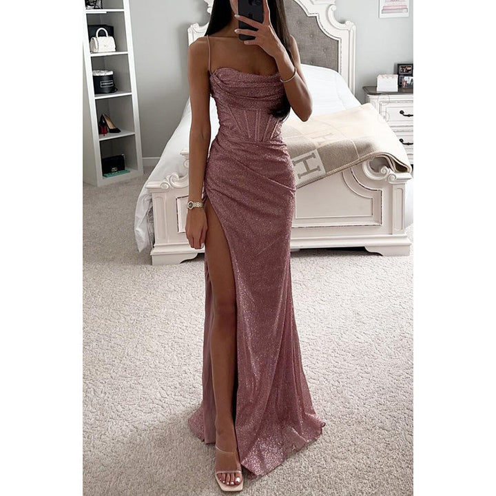 Women's shimmering split hem maxi evening dress. Elegant glitter gown for formal parties & special occasions.